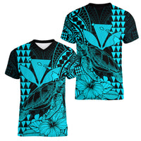 Kakau Polynesian Tribal Hawaiian Turtle with Kanaka Maoli Teal Women V Neck T Shirt LT9 Female Teal - Polynesian Pride
