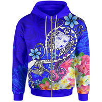 Fiji Zip up Hoodie Turtle Plumeria (Blue) Unisex Blue - Polynesian Pride