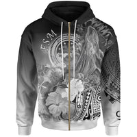 Fsm Zip up Hoodie Humpback Whale with Tropical Flowers (White) Unisex White - Polynesian Pride