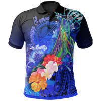 American Samoa Polynesian Polo Shirt Humpback Whale with Tropical Flowers (Blue) Unisex Blue - Polynesian Pride