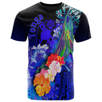 Tonga T Shirt Humpback Whale with Tropical Flowers (Blue) Unisex Blue - Polynesian Pride