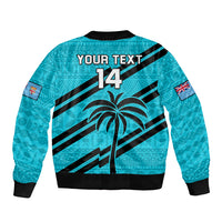 (Custom Text And Number) Fiji Rugby Tapa Pattern Fijian 7s Cyan Sleeve Zip Bomber Jacket LT14 - Polynesian Pride