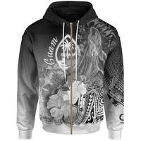 Guam Zip up Hoodie Humpback Whale with Tropical Flowers (White) Unisex White - Polynesian Pride