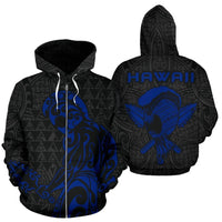 Polynesian Kakau Helmet Weapon Blue Kanaka Warrior Hoodie (Zip) Unisex Blue - Polynesian Pride