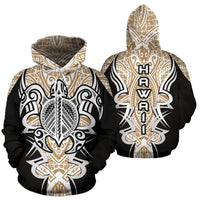 Hawaii Turtle Tribal Gold Hoodie Armor Style Unisex White - Polynesian Pride