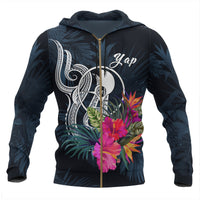 Yap Micronesia Zip up Hoodie Tropical Flowers Unisex Blue - Polynesian Pride