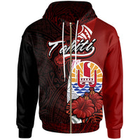 Tahiti Polynesian Zip up Hoodie Coat of Arm With Hibiscus Unisex Red - Polynesian Pride
