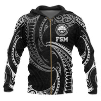 Federated States of Micronesia All Over Zip up Hoodie White Tribal Wave Unisex Black - Polynesian Pride