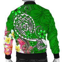 Fiji Custom Personalised Men's Bomber Jacket - Turtle Plumeria (Green) - Polynesian Pride