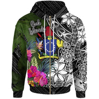 Cook Islands Zip up Hoodie Turtle Plumeria Banana Leaf Unisex Black - Polynesian Pride