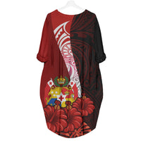 Tonga Polynesian Batwing Pocket Dress - Hibiscus With Coat Of Arm - Polynesian Pride