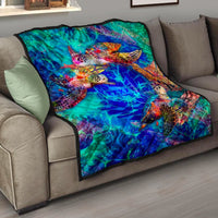 Tahiti Polynesian Premium Quilt - Tahiti Flag Sea Turtle Coral Treasure BLUE - Polynesian Pride