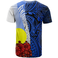 Palau Polynesian Custom T shirt Coat Of Arm With Hibiscus Blue - Polynesian Pride