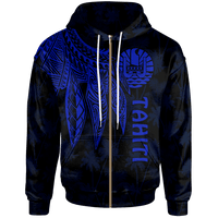 Tahiti Zip up Hoodie Polynesian Wings (Blue) Unisex Blue - Polynesian Pride