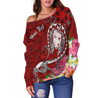 Fiji Custom Personalised Women's Off Shoulder Sweater - Turtle Plumeria (Red) - Polynesian Pride