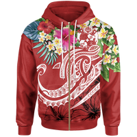 Tonga Polynesian Zip up Hoodie Summer Plumeria (Red) Unisex Red - Polynesian Pride