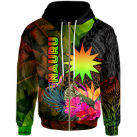Nauru Polynesian Zip up Hoodie Hibiscus and Banana Leaves Unisex Reggae - Polynesian Pride