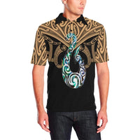 Maori Tattoo Polo Shirt Hei Matau Abalone Gold Unisex Black - Polynesian Pride