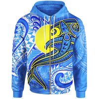 Palau Polynesian Zip up Hoodie Palau Flag with Polynesian Tattoo Unisex Blue - Polynesian Pride