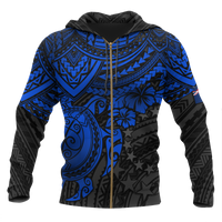 Cook Islands Polynesian Zip up Hoodie Blue Turtle Unisex Blue - Polynesian Pride