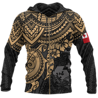 Tonga Polynesian Hoodie (Zip up) Golden Turtle Unisex BLACK - Polynesian Pride