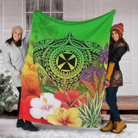 Wallis and Futuna Premium Blanket - Manta Ray Tropical Flowers (Green) - Polynesian Pride