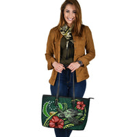 Pohnpei Micronesia Leather Tote Bag - Green Turtle Hibiscus - Polynesian Pride
