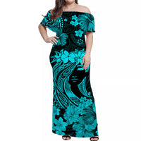Hawaii Off Shoulder Long Dress Polynesia Turquoise Attractive Hula Girl LT13 Women Turquoise - Polynesian Pride