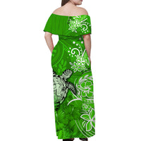 (Custom Personalised) Hawaii Off Shoulder Long Dress Polynesia Green Sea Turtle Honu and Hibiscus LT13 - Polynesian Pride