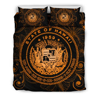 Hawaiian Hibiscus Flag Coat Of Arms Polynesian Bedding Set Orange - Royal Style Orange - Polynesian Pride