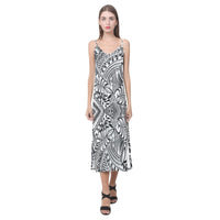 Tonga Pattern V - Neck Open Fork Long Dress - White Style Women White - Polynesian Pride