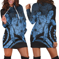 Hawaiian - Hawaii Turtle Hibiscus Polynesian Vintage Hoodie Dress - Pastel Blue - AH Black - Polynesian Pride
