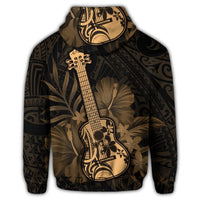 Hawaiian Hawaii Ukulele Flower Zip Hoodie Gold - Polynesian Pride