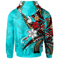 American Samoa Zip Hoodie Tribal Flower With Special Turtles Blue Color - Polynesian Pride