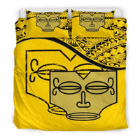 Marquesas Islands Duvet Cover Set - Tiki Face Pattern Yellow Yellow - Polynesian Pride