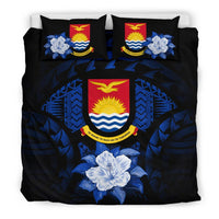Kiribati Duvet Cover Set - Kiribati Coat Of Arms & Dark Blue Hibiscus - Polynesian Pride
