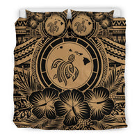 Hawaiian Map Honu Hibiscus Tropic Gold Polynesian Bedding Set - Polynesian Pride
