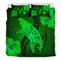 Hawaiian Map Whale Swim Hibiscus Polynesian Bedding Set - Green - Polynesian Pride