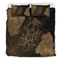 Hawaiian Hibiscus Dolphin Manta Ray Turtle Polynesian Bedding Set Waves Gold - Polynesian Pride
