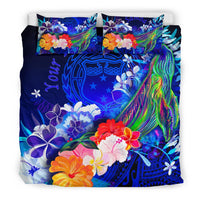 Custom Personalised Samoa Bedding Set - Humpback Whale with Tropical Flowers (Blue) - Polynesian Pride