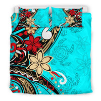 Polynesian Bedding Set - Tribal Flower With Special Turtles Blue Color - Polynesian Pride
