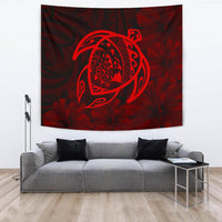 Hawaii Turtle Kanaka Map Hibiscus Poly Tapestry - Red Wall Tapestry Red - Polynesian Pride