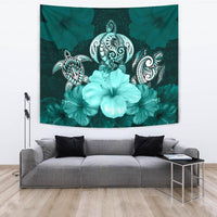 Polynesian Tapestry Turtle And Hibiscus Turquoise Wall Tapestry Large 104" x 88" Turquoise - Polynesian Pride
