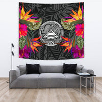 American Samoa Slide Tapestry - Polynesian Hibiscus Pattern Wall Tapestry Large 104" x 88" Black - Polynesian Pride
