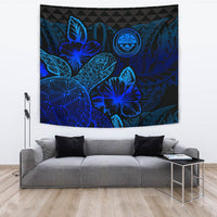 Federated States Of Micronesia Tapestry - Turtle Hibiscus Pattern Blue Wall Tapestry Large 104" x 88" Blue - Polynesian Pride