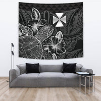 Wallis And Futuna Tapestry - Turtle Hibiscus Pattern Black Wall Tapestry Large 104" x 88" Black - Polynesian Pride