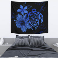 Hawaii Turtle Map Hibiscus Plumeria Poly Tapestry - Blue Wall Tapestry Blue - Polynesian Pride