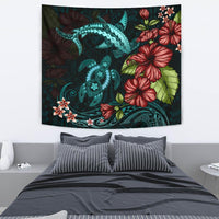 Polynesian Tapestry Turtle And Shark - Hibiscus Turquoise Wall Tapestry Medium 80" x 68" Turquoise - Polynesian Pride