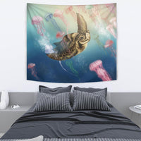 Hawaii Turtle And Jellyfish In Deep Sea Moana Tapestry Wall Tapestry Blue - Polynesian Pride