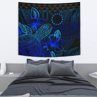 Cook Islands Tapestry - Turtle Hibiscus Pattern Blue Wall Tapestry Medium 80" x 68" Blue - Polynesian Pride